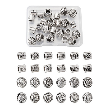 Alloy European Beads, Large Hole Beads, Cadmium Free & Lead Free, Mixed Shapes with 12 Constellations Pattern, Antique Silver, 24pcs/box