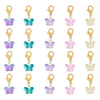 PandaHall Elite 60Pcs Colorful Butterfly Glass Pendant Decorations, Lobster Clasp Charms, Clip-on Charms, for Keychain, Purse, Backpack Ornament, Mixed Color, 30mm