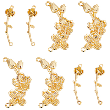 8Pcs 2 Styles  Brass Connector Charms, Flower Links, Long-Lasting Plated, Cadmium Free & Lead Free, Real 18K Gold Plated, 20~31.5x7~35x3~3.5mm, Hole: 1.2~1.5mm, 4pcs/style