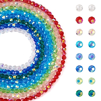 Pandahall 8 Strands 8 Colors Transparent Electroplate Glass Beads Strands, Faceted, Half AB Color Plated, Round, Mixed Color, 4x4mm, Hole: 0.9mm, about 92~95pcs/strand, 13.39~13.98 inch(34~35.5cm), 1 strand/color