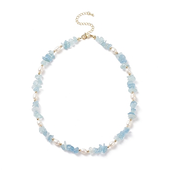 Natural Aquamarine Chips & Pearl Beaded Necklace, Gemstone Jewelry for Women, 15.35 inch(39cm)