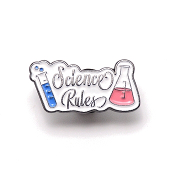 Alloy Enamel Brooches, Enamel Pin, with Rubber Clutches, with Word Science Rules, White, 13x27x10.5mm