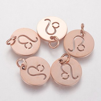 304 Stainless Steel Charms, Flat Round with Constellation/Zodiac Sign, Rose Gold, Leo, 12x1mm, Hole: 3mm