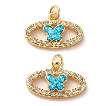 Brass Micro Pave Cubic Zirconia with Synthetic Opal Pendants, with Jump Ring, Oval with Butterfly, Real 18K Gold Plated, 13x20x3mm