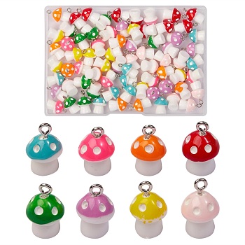 80Pcs 8 Colors Plastic Pendants, with Platinum Plated Iron Loop, Mushroom with Polka Dots, Mixed Color, 17.5x11.5x12mm, Hole: 1.5mm, 10pcs/color