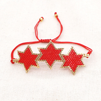Friendship Star Loom Pattern Seed Beads Bracelets for Women, Adjustable Nylon Cord Braided Bead Bracelets, Red, 11 inch(28cm)