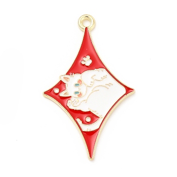 Alloy Enamel Pendants, Light Gold, with Cat Pattern Charm, Red, 36x22x1.5mm, Hole: 1.8mm