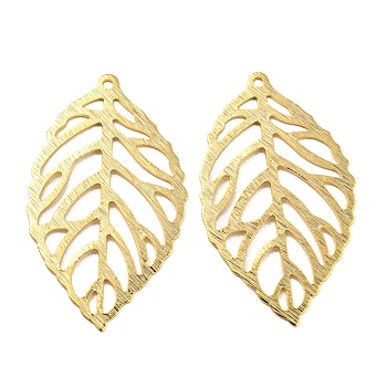 Eco-friendly Brass Pendants, Cadmium Free & Lead Free, Hollow, Leaf Charm, Real 24K Gold Plated, 27x16x0.5mm, Hole: 1mm