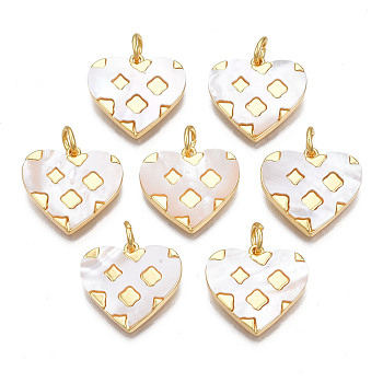Shell Pendants, with Real 18K Gold Plated Tone Brass Findings, Cadmium Free & Nickel Free & Lead Free, Heart, Seashell Color, 15x16x2.5mm, Jump Ring: 5x1mm, 3mm