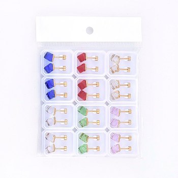 304 Stainless Steel Earlobe Plugs, Screw Back Earrings, with Glass Rhinestones, Cube, Mixed Color, 6x6x6mm, Pin: 1mm, 12pairs/bag