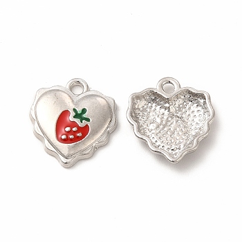 Alloy Enamel Pendants, Heart with Strawberry Charm, Platinum, 16.5x15x3mm, Hole: 2mm