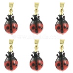 6Pcs Handmade Lampwork Pendants, Ladybug, with Rack Plating Golden Tone Brass Findings, Long-Lasting Plated, Red, 17x9x6.5mm, Hole: 4.5x4mm(LAMP-FS0001-57B)