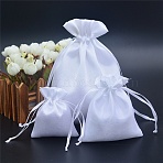 Satin Storage Bags, Drawstring Bags, Rectangle, White, 9x7cm(ABAG-WH0031-21A)