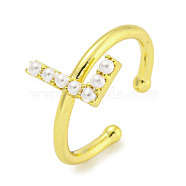 Rack Plating Brass Open Cuff Rings for Women, with ABS Imitation Pearl, Cadmium Free & Lead Free, Long-Lasting Plated, Letter, Letter L, Inner Diameter: 17mm, Letter L: 11.5x7mm(RJEW-F162-01G-L)