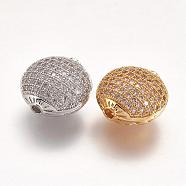 Brass Micro Pave Cubic Zirconia Beads, Flat Round, Hollow, Mixed Color, 14x15x9mm, Hole: 1.5mm(ZIRC-G096-38)