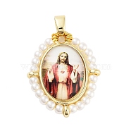 Rack Plating Brass Enamel Pendants, with Plastic Imitation Pearl, Long-Lasting Plated, Cadmium Free & Lead Free, Real 18K Gold Plated, Oval with Virgin Mary Charm, FireBrick, 28x22.5x6mm, Hole: 4.5x3.5mm(KK-C056-07G-07)