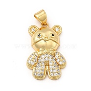 Rack Plating Brass Micro Pave Cubic Zirconia Pendants, Cadmium Free & Lead Free, Real 18K Gold Plated, Bear Charm, Clear, 23x15x5mm, Hole: 3.5x5mm(KK-E072-27G)