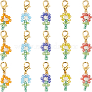 30Pcs Dyed Synthetic Turquoise & Glass Seed Beaded Flower Pendant Locking Stitch Markers, Clip-on Charms, Zinc Alloy Crochet Lobster Clasp Charms, Mixed Color, 30mm(HJEW-SC0001-55)