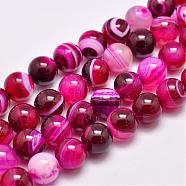 Natural Striped Agate/Banded Agate Bead Strands, Dyed & Heated, Round, Grade A, Deep Pink, 12mm, Hole: 1mm, about 32pcs/strand, 15.1 inch(385mm)(G-G962-12mm-01)