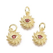 Brass Micro Pave Cubic Zirconia Pendants, with Jump Ring, Sun with Eye, Real 18K Gold Plated, Indian Red, 12.5x10x2.7mm, Jump Rings: 5x0.8mm, Inner Diameter: 3mm(KK-P187-16F-G)