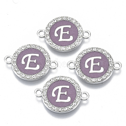 Alloy Enamel Links Connectors, with Crystal Rhinestones, Flat Round with Letter, Silver Color Plated, Letter.E, 22x16x2mm, Hole: 1.8mm(ENAM-TAC0003-01S-01E)