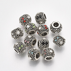 Antique Silver Plated Alloy European Bead Rhinestone Settings, with Rhinestones, Large Hole Beads, Rondelle, Mixed Color, Fit for 0.6mm Rhinestone; 11x8.5mm, Hole: 4.5mm(MPDL-S067-03)