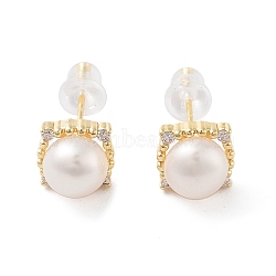 Natural Pearl Stud Earrings, Brass Earrings with 925 Sterling Silver Pins, Real 14K Gold Plated, 8x8mm(EJEW-P256-68G)