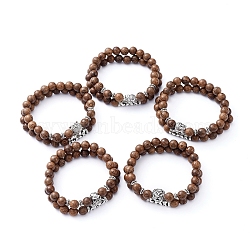 Stretch Bracelets Sets, with Natural Wood Beads and Tibetan Style Alloy Beads, Coconut Brown, Inner Diameter: 2 inch(5.2cm), 2pcs/set(BJEW-JB05229)