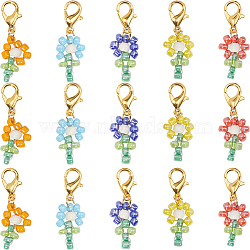 30Pcs Dyed Synthetic Turquoise & Glass Seed Beaded Flower Pendant Locking Stitch Markers, Clip-on Charms, Zinc Alloy Crochet Lobster Clasp Charms, Mixed Color, 30mm(HJEW-SC0001-55)