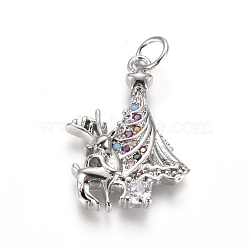 Brass Micro Pave Cubic Zirconia Pendants, with Jump Rings, Christmas Reindeer/Stag & Christmas Tree, for Christmas, Colorful, Platinum, 21.5x15.5x3.5mm, Hole: 3.5mm(X-ZIRC-L085-15P)