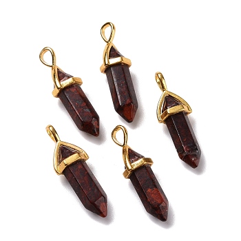 Natural Brecciated Jasper Pendants, Faceted, with Golden Tone Brass Findings, Lead free & Cadmium Free, Bullet, 27~30x9~10x7~8mm, Hole: 4x3mm