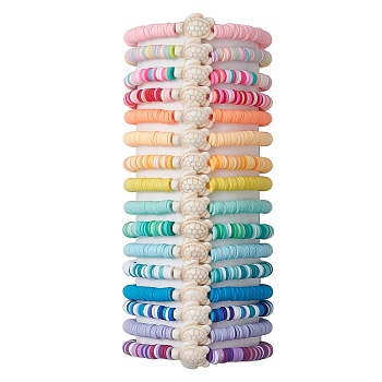 16Pcs 16 Colors Dyed Synthetic Turquoise and Handmade Polymer Clay Beaded Stretch Bracelets Sets, Beach Turtle Stackable Bracelets for Women, Mixed Color, Inner Diameter: 2~2-1/4 inch(5~5.7cm), 14mm, 1pc/color