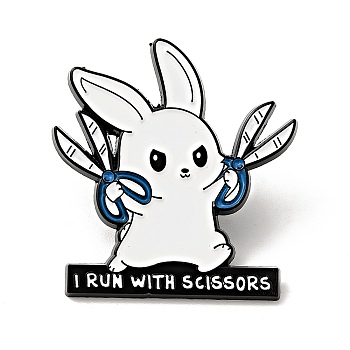 Word I Run with Scissors Enamel Pin, Electrophoresis Black Alloy Rabbit Brooch for Backpack Clothes, White, 30.5x28.5x1mm