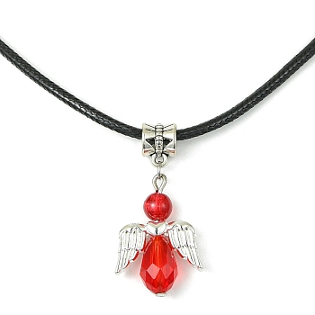 Angel Shape Alloy with Glass Pendant Necklaces, with Imitation Leather Cords, Red, 17.32 inch(44cm)