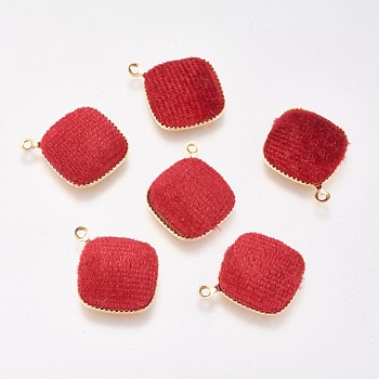 Brass Pendants, with Velvet, Rhombus, Real 18K Gold Plated, Red, 18x15x3mm, Hole: 1mm