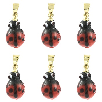 6Pcs Handmade Lampwork Pendants, Ladybug, with Rack Plating Golden Tone Brass Findings, Long-Lasting Plated, Red, 17x9x6.5mm, Hole: 4.5x4mm