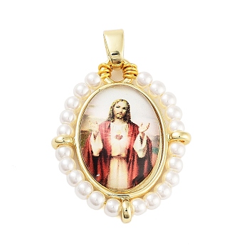 Rack Plating Brass Enamel Pendants, with Plastic Imitation Pearl, Long-Lasting Plated, Cadmium Free & Lead Free, Real 18K Gold Plated, Oval with Virgin Mary Charm, FireBrick, 28x22.5x6mm, Hole: 4.5x3.5mm