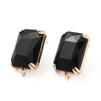 K9 Glass Stud Earring Findings, with Light Gold Brass Finding and Vertical Loops, Rectangle, Jet, 21x13.5mm, Hole: 0.8mm, Pin: 0.8mm