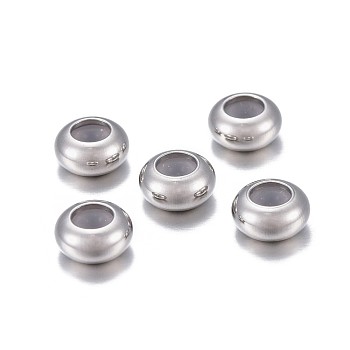 202 Stainless Steel Beads, with Rubber Inside, Slider Beads, Stopper Beads, Rondelle, Stainless Steel Color, 7x3.5mm, Hole: 2.5mm, Rubber Hole: 1.2mm
