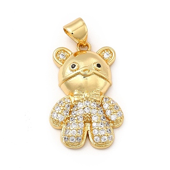 Rack Plating Brass Micro Pave Cubic Zirconia Pendants, Cadmium Free & Lead Free, Real 18K Gold Plated, Bear Charm, Clear, 23x15x5mm, Hole: 3.5x5mm