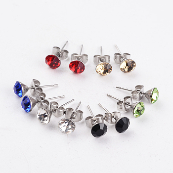 304 Stainless Steel Grade A Rhinestone Ear Studs, Mixed Color, 17x6mm, Pin: 0.7mm
