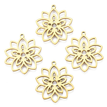 201 Stainless Steel Pendants, Flower, Real 18K Gold Plated, 28x25x1.5mm, Hole: 1.4mm