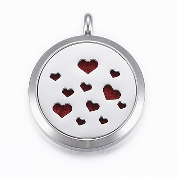 316 Surgical Stainless Steel Diffuser Locket Pendants, with Perfume Pad and Magnetic Clasps, Flat Round with Heart, Stainless Steel Color, Dark Red, 37x30x6.5mm, Hole: 5mm, inner diameter: 23mm