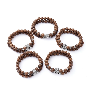 Stretch Bracelets Sets, with Natural Wood Beads and Tibetan Style Alloy Beads, Coconut Brown, Inner Diameter: 2 inch(5.2cm), 2pcs/set