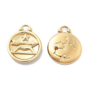 PVD Vacuum Plating 304 Stainless Steel Rhinestone Pendants, Flat Round with Constellations Charm, Real 18K Gold Plated, Sagittarius, 20.5x16.5x3.5mm, Hole: 2.5mm