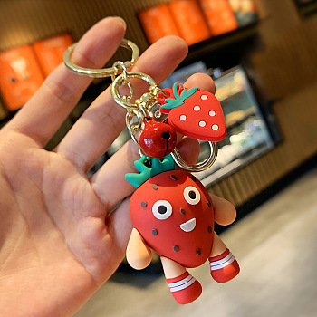 PVC Plastic Keychain, with Alloy Key Rings & Swivel Lobster Claw Clasps, Fruit, Strawberry Pattern, Strawberry Keychain: 11.5cm