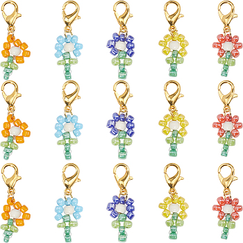 30Pcs Dyed Synthetic Turquoise & Glass Seed Beaded Flower Pendant Locking Stitch Markers, Clip-on Charms, Zinc Alloy Crochet Lobster Clasp Charms, Mixed Color, 30mm