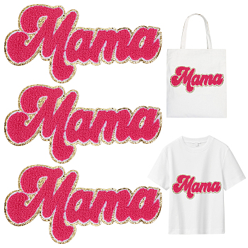 3Pcs Word MAMA Shape Towel Cloth Embroidery Applqiues, Sew on Chenille Patches, Costume Accessories, for Mother's Day, Deep Pink, 120x248x2~3mm