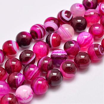 Natural Striped Agate/Banded Agate Bead Strands, Dyed & Heated, Round, Grade A, Deep Pink, 12mm, Hole: 1mm, about 32pcs/strand, 15.1 inch(385mm)