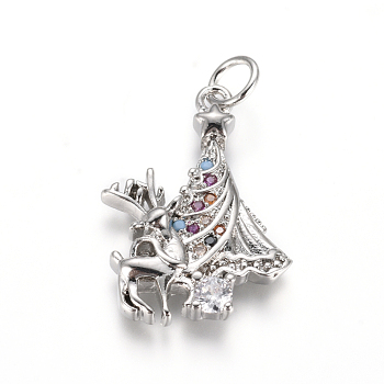 Brass Micro Pave Cubic Zirconia Pendants, with Jump Rings, Christmas Reindeer/Stag & Christmas Tree, for Christmas, Colorful, Platinum, 21.5x15.5x3.5mm, Hole: 3.5mm